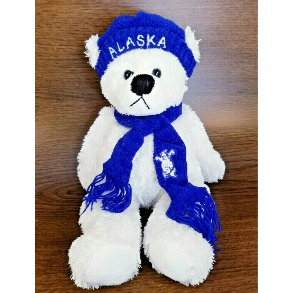 Arctic Circle Ent. Alaska Plush Bear 12" White w/ Blue Hat/Scarf Stuffed Animal